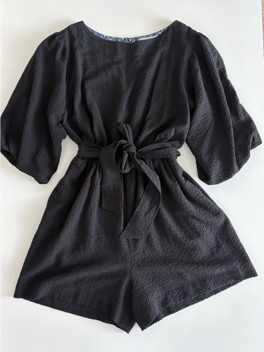 Anthropologie Black Textured Tie-Waist Romper